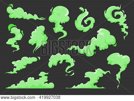 Green Bad Smell Cartoon Clouds Of Vector Stink, Odor, Smoke And Stench Vapors. Isolated Green Fog, H