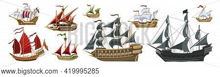 Pirate Boats And Old Different Wooden Ships With Fluttering Flags Vector Set Old Shipping Sails Trad