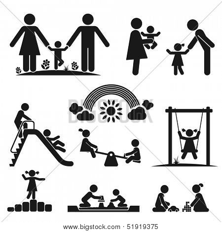 Children play on playground. Pictogram icon set