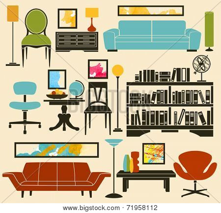 Retro Furniture and Home Accessories, including sofas, armchairs, club chair, office chair, coffee table, side tables, bookshelf, lamps and home decoration