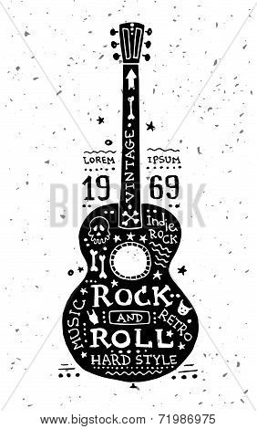 Illustration of vintage grunge label with guitar