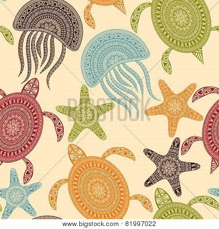 Vector Seamless Pattern With Turtles, Starfishes, And Jellyfishes