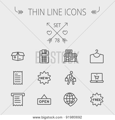 Business shopping thin line icon set for web and mobile. Set includes- electronic calculator, new tag, open sign, box, paper towel, shop, internet shopping, free tag icons. Modern minimalistic flat