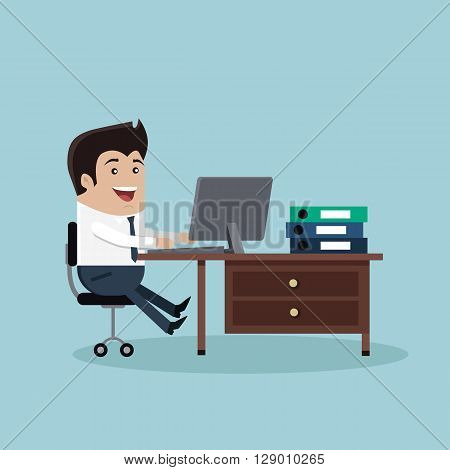 Man sitting on chair at table in front of computer monitor. Man work with computer laptop design flat. Computer and business man worker, man in office desk, businessman person at table workplace