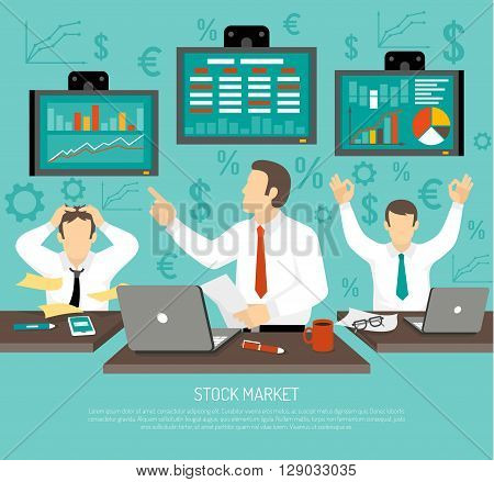 Stock Market Trader Concept. Stock Market Trader Information. Stock Market Vector Illustration. Finance Flat Symbols. Stock Finance Design.