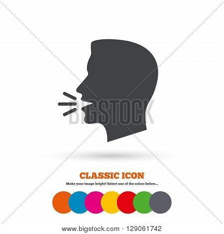 Talk or speak icon. Loud noise symbol. Human talking sign. Classic flat icon. Colored circles.