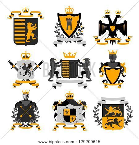 Heraldic coat of arms family crest and shields emblems golden black icons collection abstract isolated vector illustration