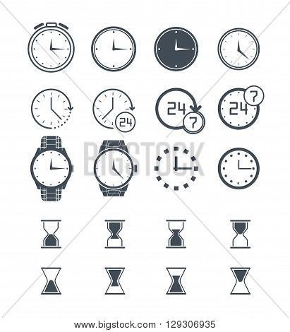 Clock icon set. Vector time icon clock icon isolated on white. Sand clock set 24h clock collection. Stopwatch clock icon. Flat clock icon. Wall clock icon. Wrist clock alarm clock icon