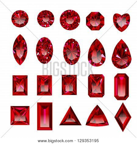 Set of realistic red jewels. Colorful red gemstones. Red rubies isolated on white background. Princess cut jewel. Round cut jewel. Emerald cut jewel. Oval cut jewel. Pear cut jewel . Heart cut jewel.