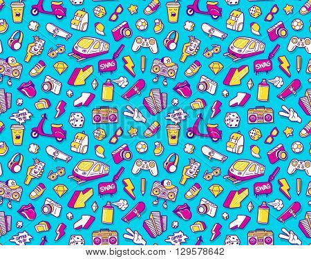 Graffiti seamless pattern with urban lifestyle line icons. Crazy doodle seamless abstract background. Trendy linear style graffiti collage with bizzare street art elements. Vector seamless pattern