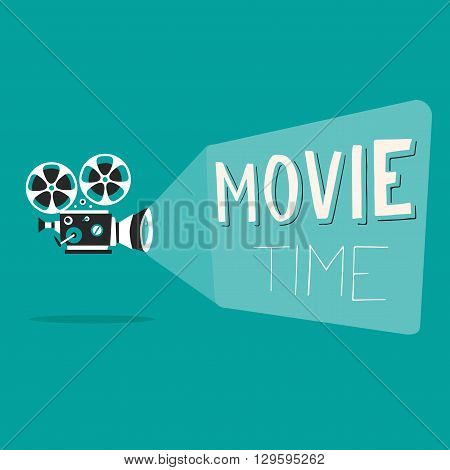 Retro movie projector poster. Cartoon vector illustration. Cinema motion picture. Film projector with film reels. Hand drawn lettering. Movie time poster.