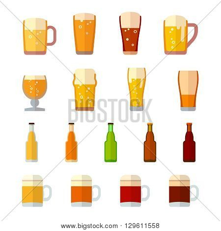 Beer vector icons in flat style. Beer drink,  beer glass, beer mug, beer lager, beer beverage bottle illustration