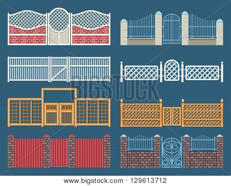 Fences and gates vector set. Gate and fence iron, outdoor gate, architecture fence metal, elegance gate, wooden gate and fence illustration