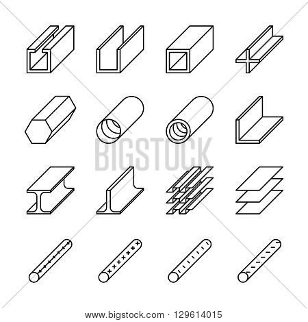 Rolled metal product icons. Rolled metal vector pictograms. Metal construction, steel metal industry, iron metal material, product metal pipe, metallurgy metal icon illustration