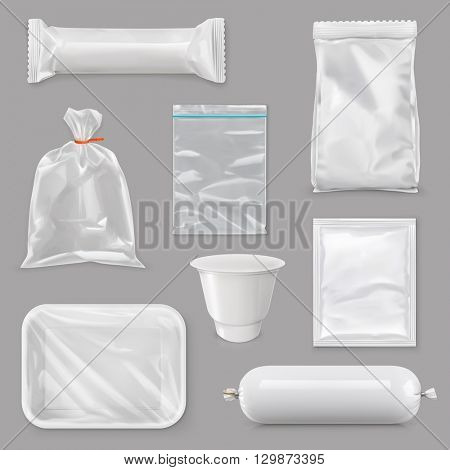 Food packaging for different snack products, design pack template for branding,  plastic retail package, sachet, packet, bag, pouch, box, white foil, sack, tray made of plastic, vector set mock up