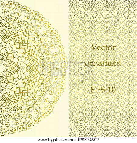 Vintage ornate card in oriental style. Eastern floral decor.Islam Arabic Indian motifs. Template frame for birthday and greeting card wedding invitation.Vector golden border place for text.