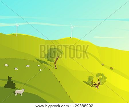 Rural landscape. Landscape with green meadow and grazing sheep on a summer day. Wind farm. Cartoon farm field. Farmer field. Ecology environmental background. Farm domestic animals. Natural concept