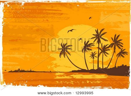 Zonsondergang. Tropisch strand. Palmen. Vectorillustratie.