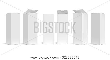 High Box Mockup. White Open Cardboard Packaging Long Boxes, Rectangular Pack With Realistic Shadow V