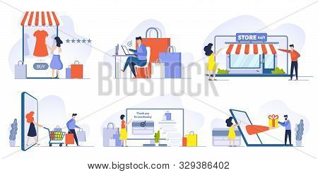 Online Shopping, Mobile Shopping, Internet Store And Shop Website On Smartphone Vector Illustrations