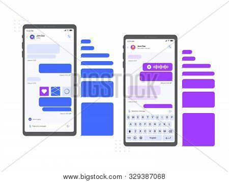 Mobile Chat Messenger Interface. Smartphone Messages Mockup, Chat Conversation And Online Message On