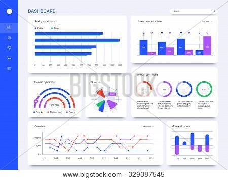 Dashboard Interface. Admin Panel Statistic Diagrams Cards, Web Page Data Charts And Graphic Ui Scree