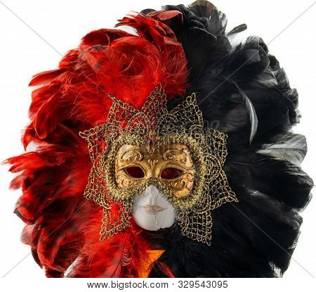 Italian Carnival. Venetian Red Black And Gold Mask. Mysterious Event, Party. White Back Ground, Copy