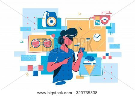 Man Buying Goods Via Internet App Vector Illustration. Guy Holding Smartphone In Hands And Doing Onl