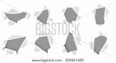 Torn Paper Hole. Ripped Sheet, Ragged Holes In Papers And Damaged Page Realistic 3d Vector Set. Frac