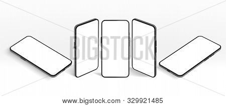 Isometric Smartphone Mockup. Black Mobile Phone, Modern Devices Frame And Frameless Screen Smartphon