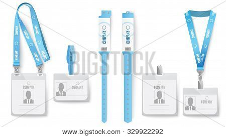 Identification Card Badge. Event Identification Cards, Badges On Lanyard And Blue Id Mockup Realisti