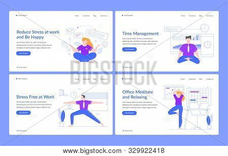 Office Meditation And Relaxing. Business Characters Relaxing At Work, People In Office Practice Yoga