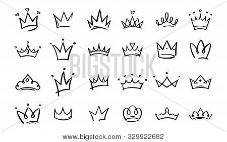 Hand Drawn Doodle Crowns. King Crown Sketches, Majestic Tiara, King And Queen Royal Diadems Vector. 