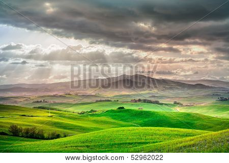 Tuscany, Rural Sunset Landscape. Countryside Farm, White Road And Cypress Trees.