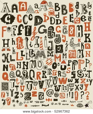 Whimsical Hand Drawn Alphabet Letters and Keystrokes - Doodle alphabet sets with most common keystrokes: question marks, exclamation points, stars, 