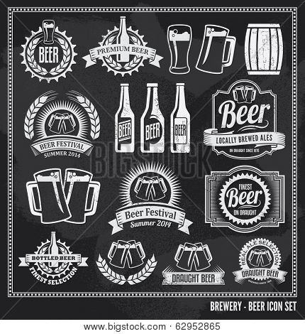 Beer icon chalkboard set - labels, posters, signs, banners, vector design symbols. Removable background texture.