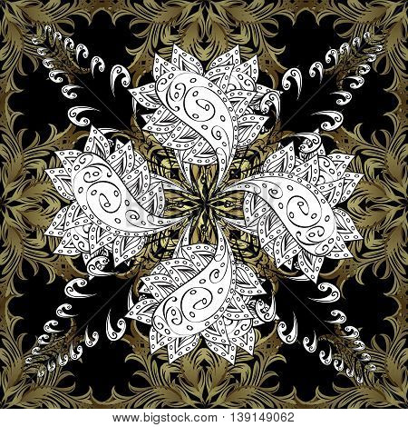 Seamless vintage pattern on black background with golden and white elements.