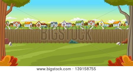 Wood fence on the backyard of a colorful house in suburb neighborhood. Green garden with grass, trees, flowers and clouds.