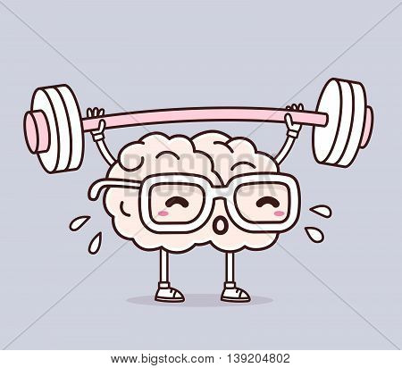 Vector illustration of retro pastel color pink brain with glasses lifting weights on gray background. Exercising cartoon brain concept. Doodle style. Thin line art flat design of character brain for sport training education theme