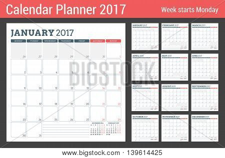 Calendar Planner Template for 2017 Year. Week Starts Monday. 3 Months on Page. Set of 12 Months. Place for Notes. Stationery Design. Vector Calendar Template