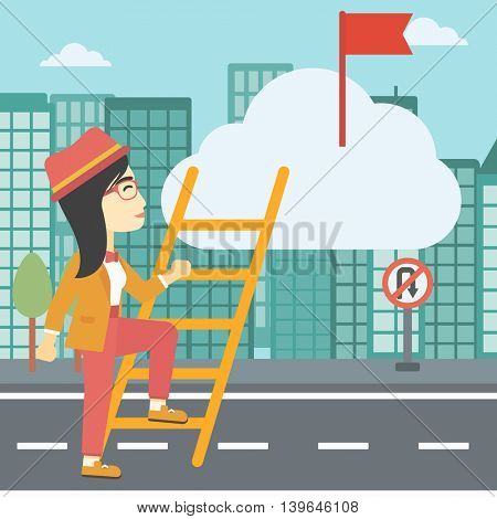 An asian young business woman climbing up the ladder to get the red flag on the top of the cloud on a city background. Vector flat design illustration. Square layout.