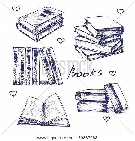 Books set hand drawn vector llustration sketch.
 Opened and closed books, books on the shelf, stacked books and single book isolated on white background.