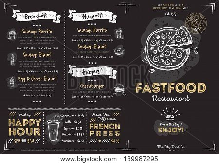 Chalkboard menu design. Menu template. Chalkboard menu background. Fast food menu design template. Food menu card. Black menu design. Pizza, burgers, drinks and other hand drawing elements in vintage style. Restaurant menu board.