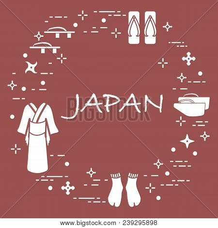 Traditional Japanese Clothing, Shoes And Shurikens. Japan Traditional Design Elements.