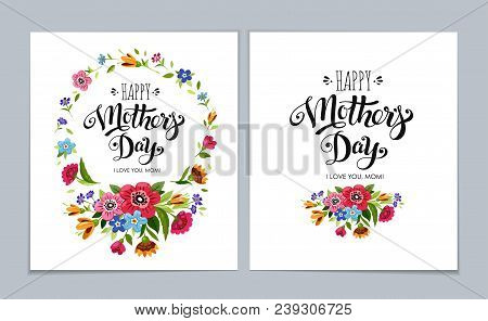 Template Happy Mother's Day Cards On Light Blue Background. Lettering Happy Mothers Day In Flower Fr