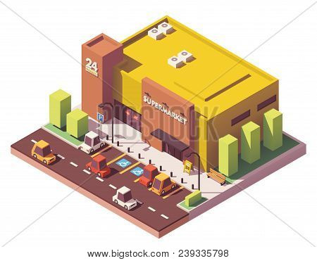 Vector Isometric Low Poly Supermarket Or Grocery Store Building