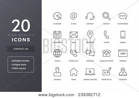 Contact Us Line Icons.  Phone, Address And Mail Icon Set With Editable Stroke