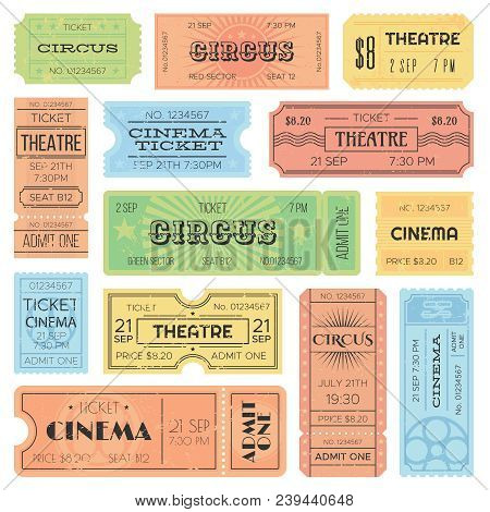 Theater Or Cinema Admit One Tickets, Circus Coupons And Vintage Old Receipt. Retro Ticket Collection