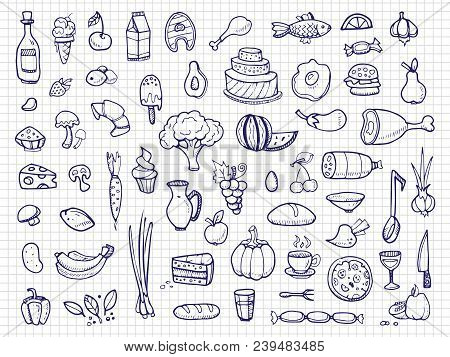 Hand Drawn Food, Vegetables, Drinks, Snacks, Fast Food Doodle Vector Icons. Illustration Of Deliciou