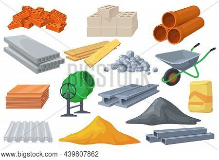 Building Materials Heaps. Construction Material Pile Of Cement Stones Bricks Masonry Blocks, Metal R